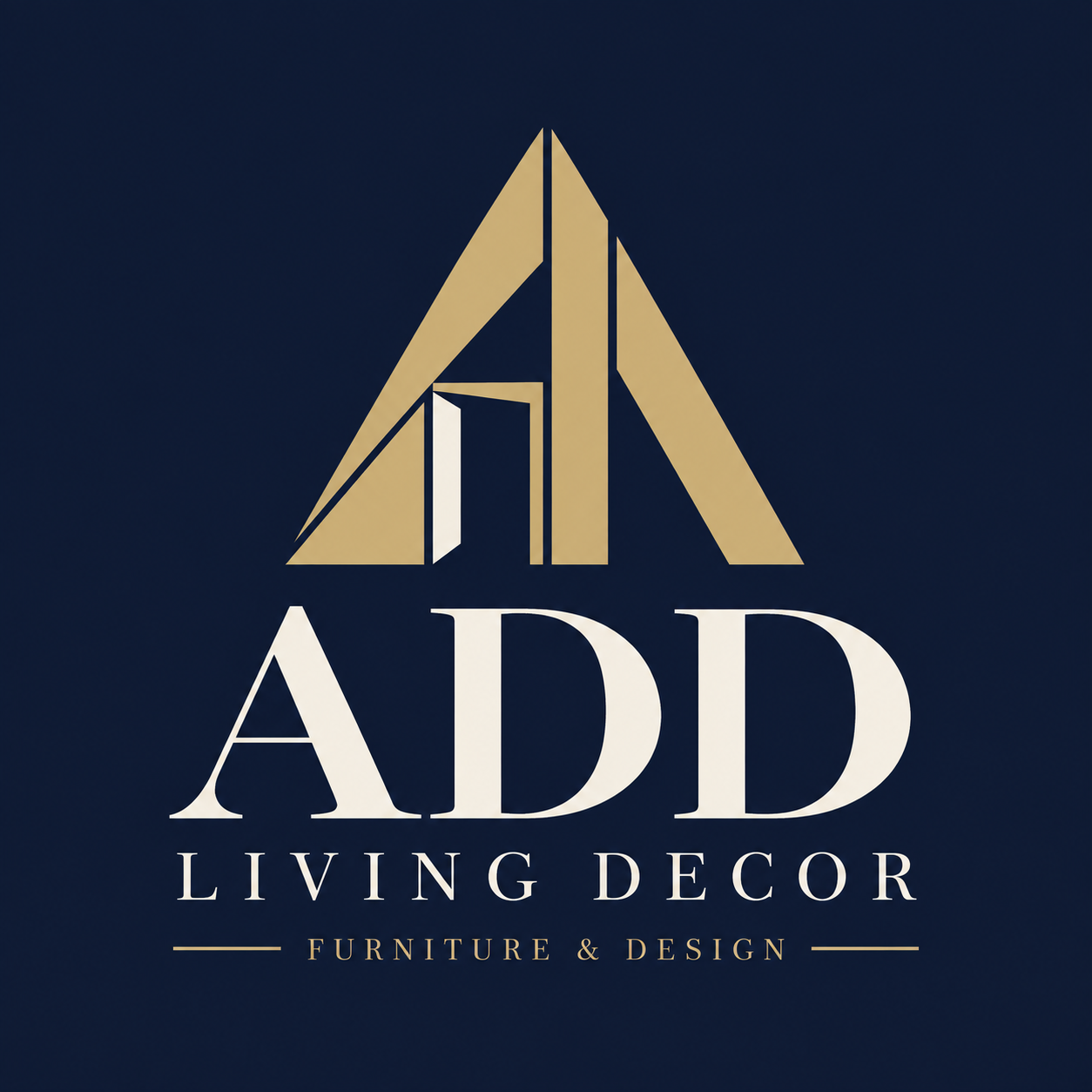ADD Living Decor logo in navy, champagne gold and ivory