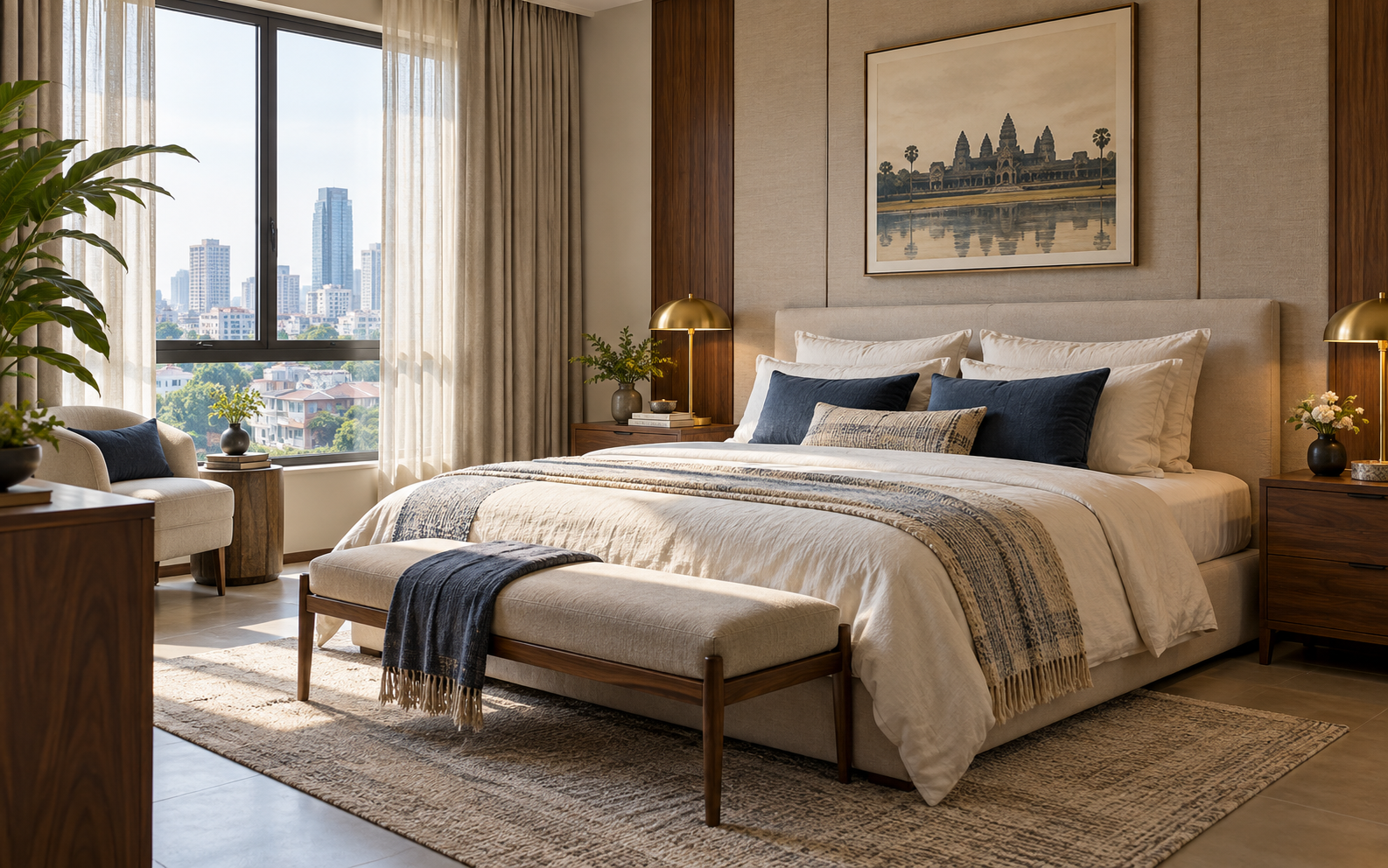Bedroom design inspiration with warm wood, soft curtains and layered bedding
